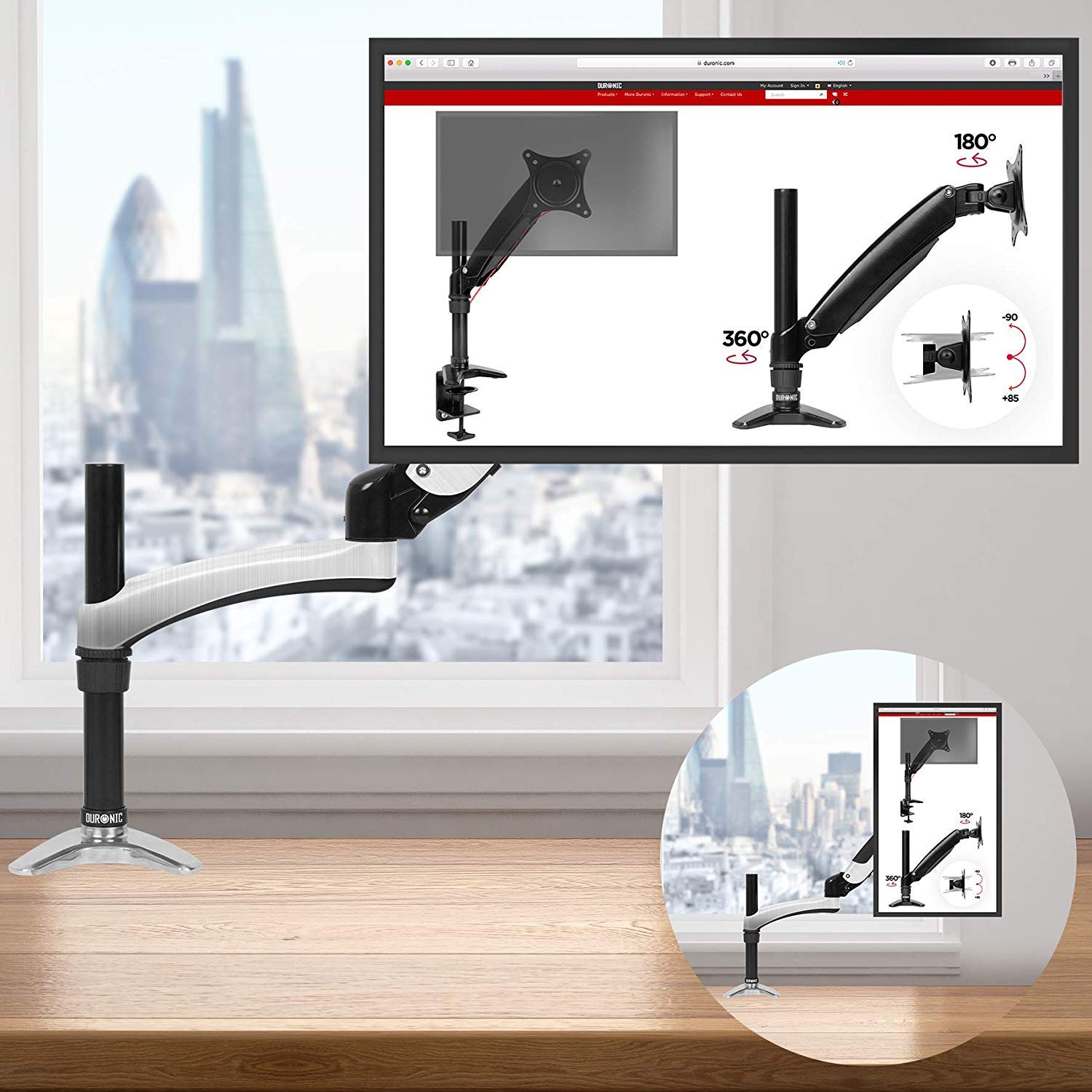 Zoomgoods Monitor Arm Stand DM651X2 | Single Gas-Powered PC Desk Mount | BLACK | Height Adjustable | For One 15-27 LED LCD Screen | VESA 75/100 | 8kg Capacity | Tilt -90°/+85°,Swivel 180°,Rotate 360°