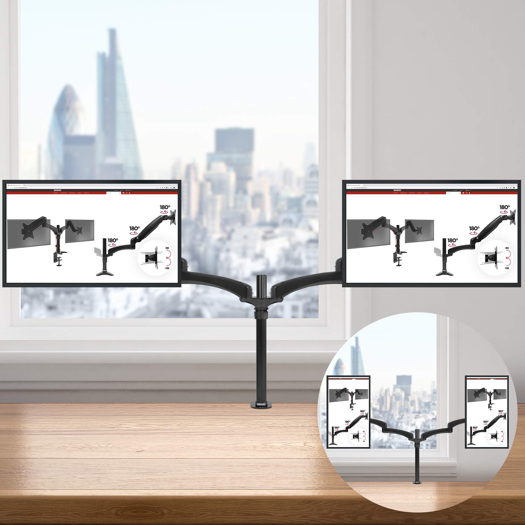 Zoomgoods Monitor Arm Stand DM452 | Double PC Desk Mount | Aluminium | Height Adjustable | For Two 15-27 LED LCD Screens | VESA 75/100 | 8kg Per Screen | Tilt -90°/-45°, Rotate 360°