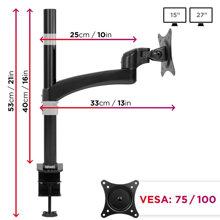 Zoomgoods Monitor Arm Stand DM451X2 | Single PC Desk Mount | Aluminium | Height Adjustable | For One 13-27 LED LCD Screen | VESA 75/100 | 13kg Per Screen | Tilt -90°/-45°, Rotate 360°