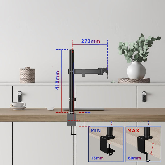 Zoomgoods Single Monitor Arm DM151X2 Height Adjustable Monitor Stand Riser Clamp for 13”-32” PC screens Monitor Desk Mounts with VESA 75/100 Monitor Mount with 8kg capacity Monitor Stand for Desk Gaming