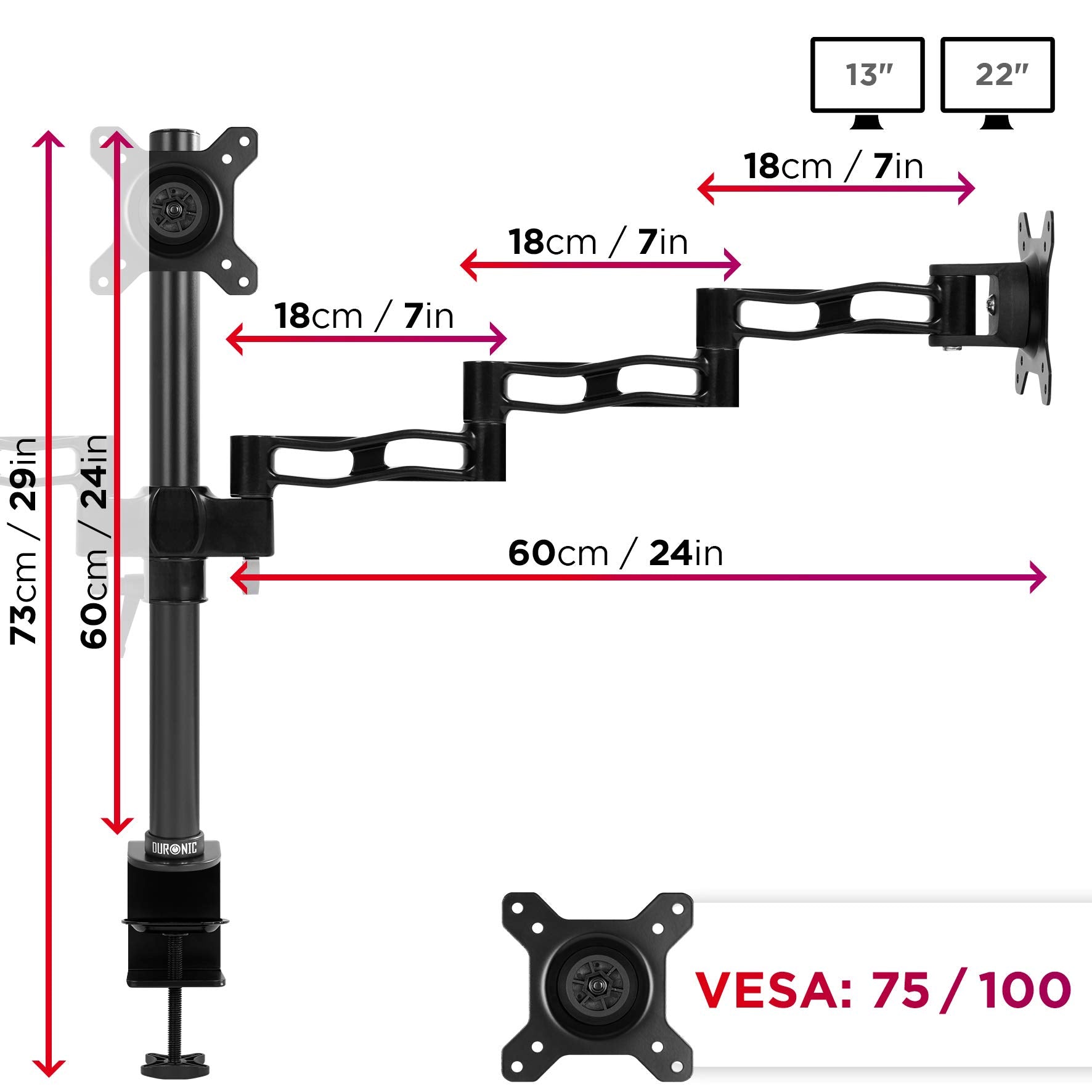 Zoomgoods Triple Monitor Arm Stand DM353, Triple Monitor Stand Adjustable PC Desk Mount for 13-22” Screens 3 Monitor Mount with VESA 75 100 and 8kg Capacity for Home Office Work