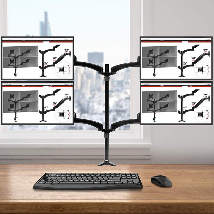 Zoomgoods Monitor Arm Stand DM454 | Quad PC Desk Mount | Aluminium | Height Adjustable | For Four 15-27 LED LCD Screens | VESA 75/100 | 5kg Per Screen | Tilt -90°/+45°, Rotate 360°