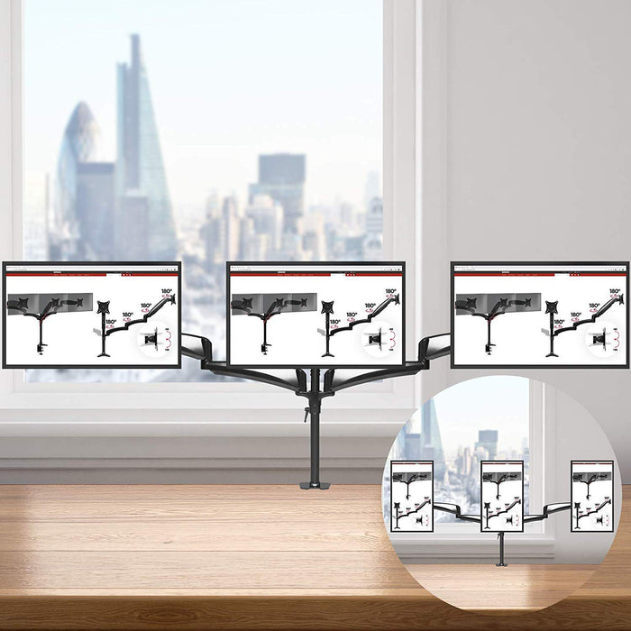 Zoomgoods Monitor Arm Stand DM453 Triple PC Desk Mount Solid Steel Height Adjustable For Three 15-27 LED LCD Screens VESA 75/100 - 10kg Per Screen  Tilt -90°/-45°, Rotate 360°