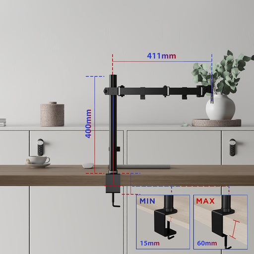Zoomgoods Single Monitor Arm DM151X3 Height Adjustable Monitor Stand Riser Clamp for 13”-32” PC screens Monitor Desk Mounts with VESA 75/100 Monitor Mount with 8kg capacity Monitor Stand for Desk Gaming
