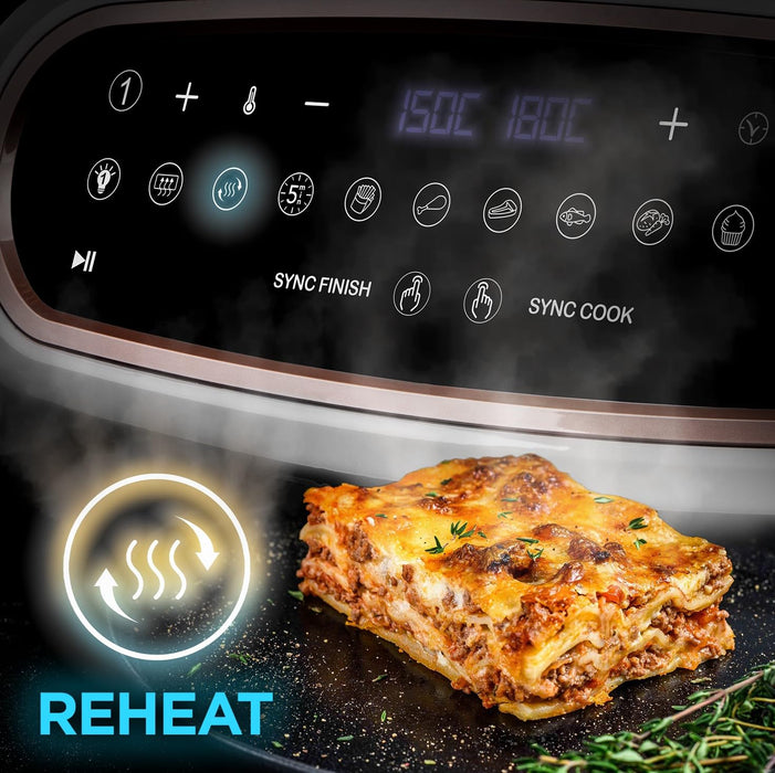 Zoomgoods XXL Digital Air Fryer AF14 WG 10L Family Size Air Fryers Double Drawer 10in1 Dual Zone Extra Large AirFryer with window for Cooking with Dishwasher Safe Non-Stick Basket White Gold