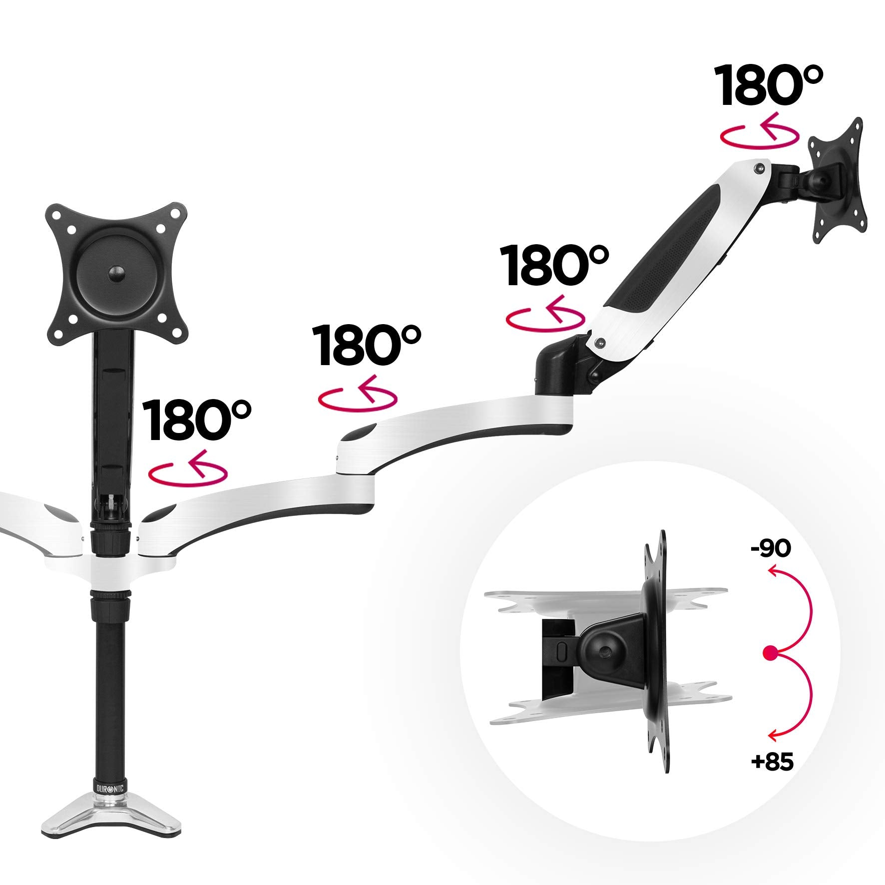 Zoomgoods Monitor Arm Stand DM651X1 | Single Gas-Powered PC Desk Mount | BLACK | Height Adjustable | For One 13-27 LED LCD Screen | VESA 75/100 | 8kg Capacity | Tilt -90°/+85°,Swivel 180°,Rotate 360°
