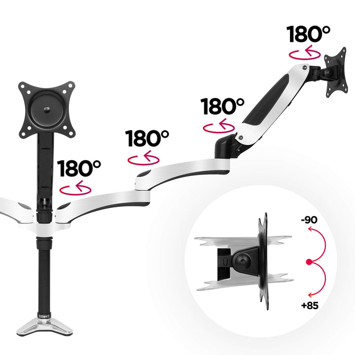 Zoomgoods Monitor Arm Stand DM651X1 | Single Gas-Powered PC Desk Mount | BLACK | Height Adjustable | For One 13-27 LED LCD Screen | VESA 75/100 | 8kg Capacity | Tilt -90°/+85°,Swivel 180°,Rotate 360°