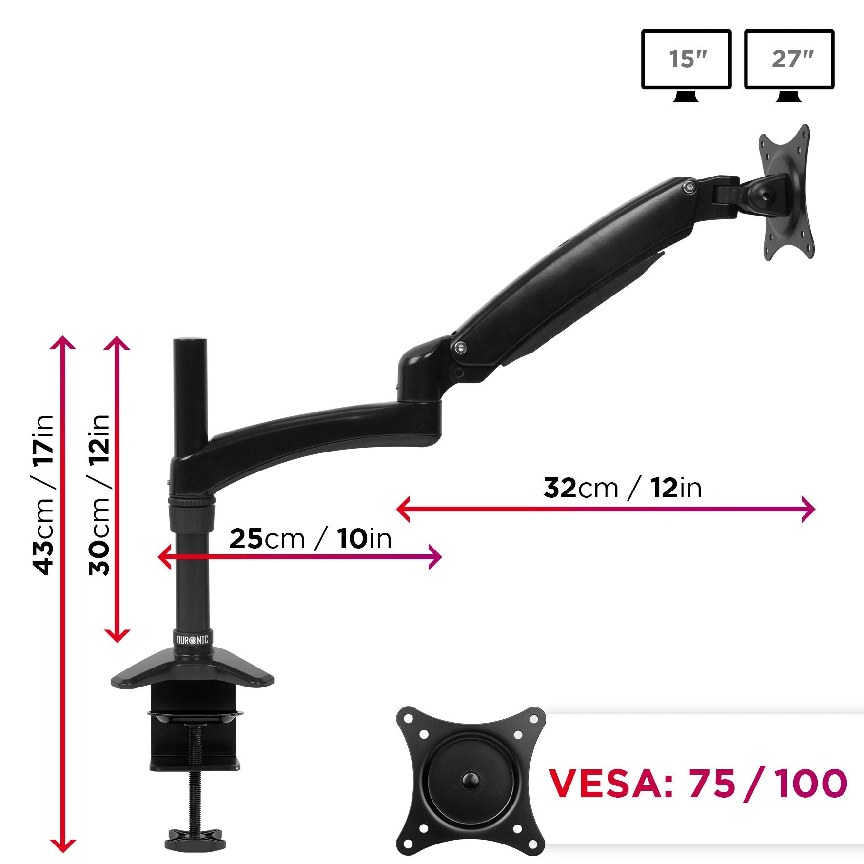 Zoomgoods Monitor Arm Stand DM551X2 | Single PC Desk Mount | BLACK | Aluminium | Height Adjustable | For One 15-27 LED LCD Screen | VESA 75/100 | 7.8kg Capacity | Tilt -90°/+85°,Swivel 180°,Rotate 360°