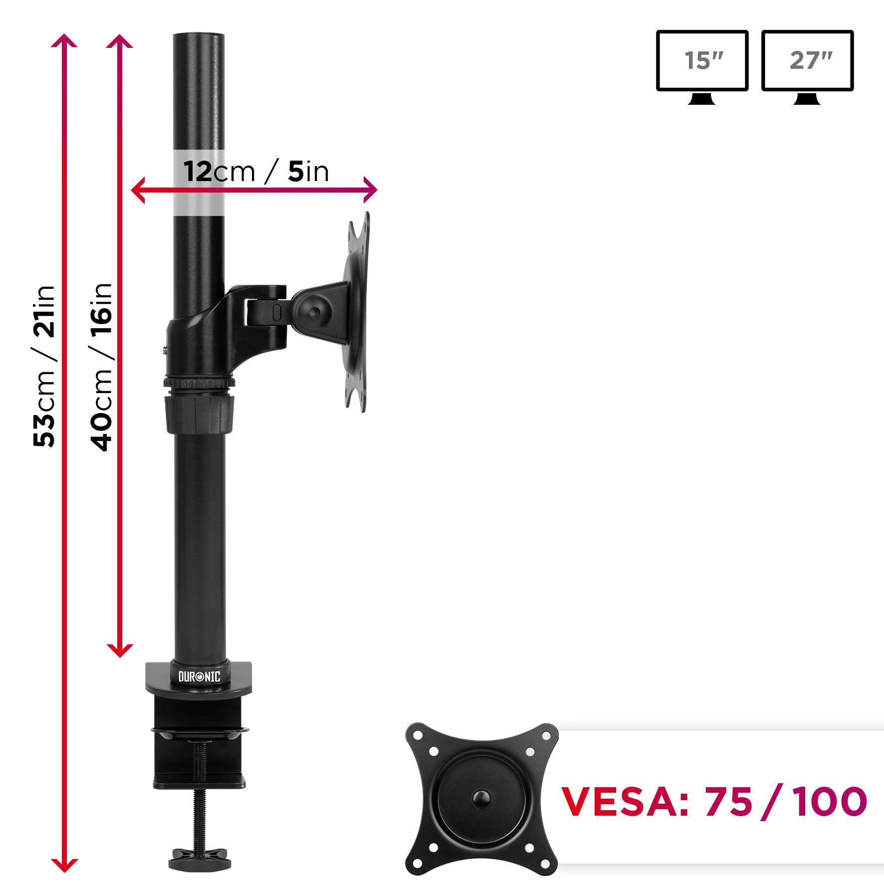 Zoomgoods Monitor Arm Stand DM451X1 | Single PC Desk Mount | Aluminium | Height Adjustable | For One 15-27 LED LCD Screen | VESA 75/100 | 13kg Per Screen | Tilt -20°/-20°, Rotate 360°…