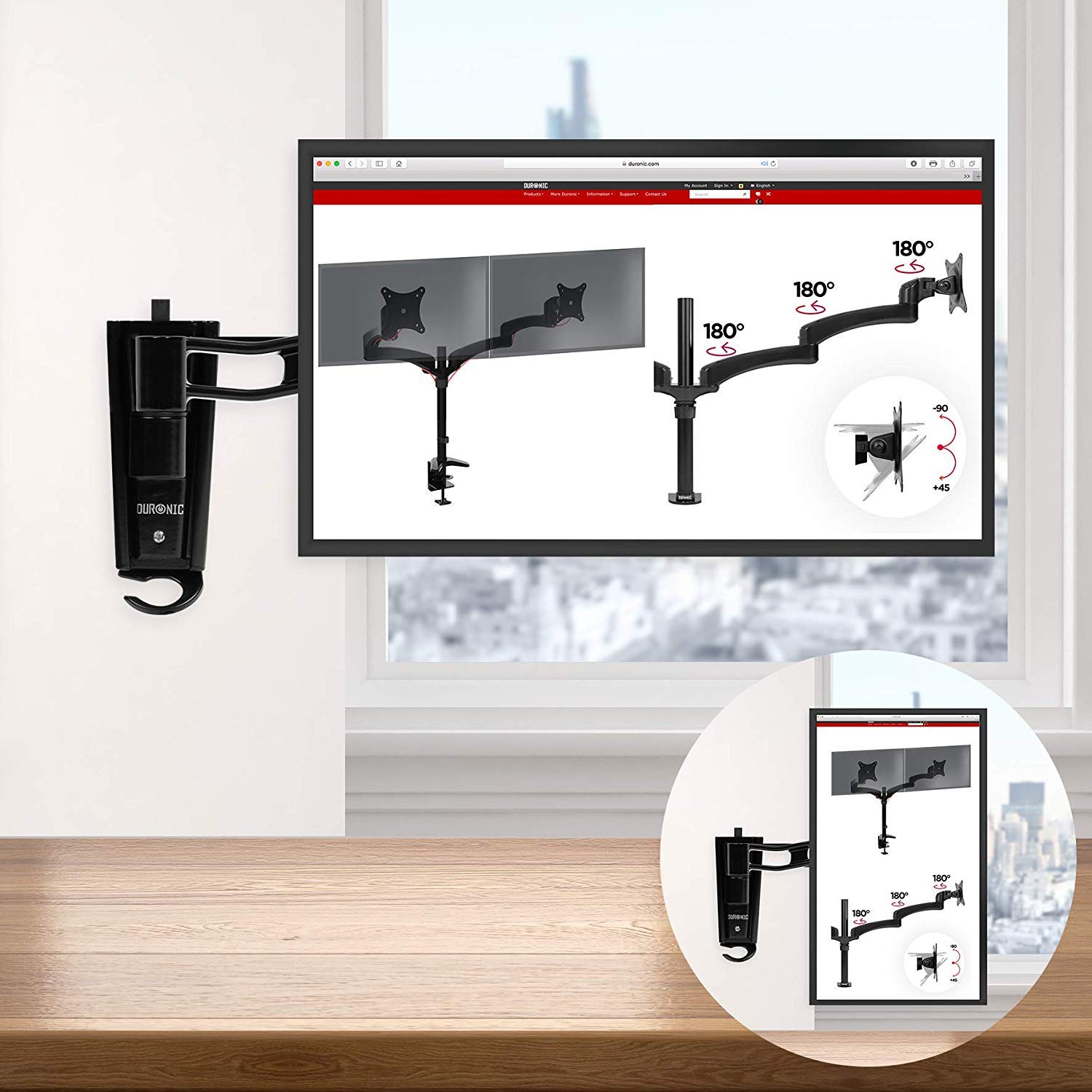 Zoomgoods Monitor Arm Wall Mount DM65W1X2 | Bracket for Single PC Computer Screen | Aluminium | For One 15”-27” LED LCD TV Television | VESA 75/100 Fixing | Tilt +85°/-90°, Swivel 180°, Rotate 360°