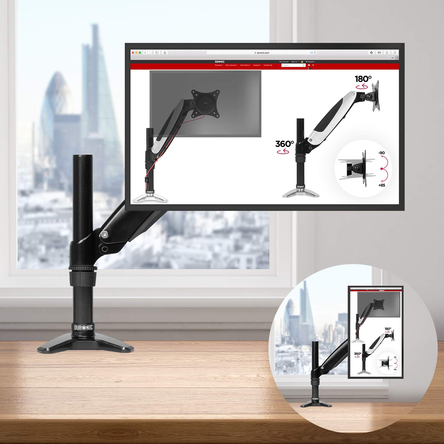 Zoomgoods Monitor Arm Stand DM551X1 | Single PC Desk Mount | BLACK | Aluminium | Height Adjustable | For One 15-27 LED LCD Screen | VESA 75/100 | 7.8kg Capacity | Tilt -90°/+85°,Swivel 180°,Rotate 360°