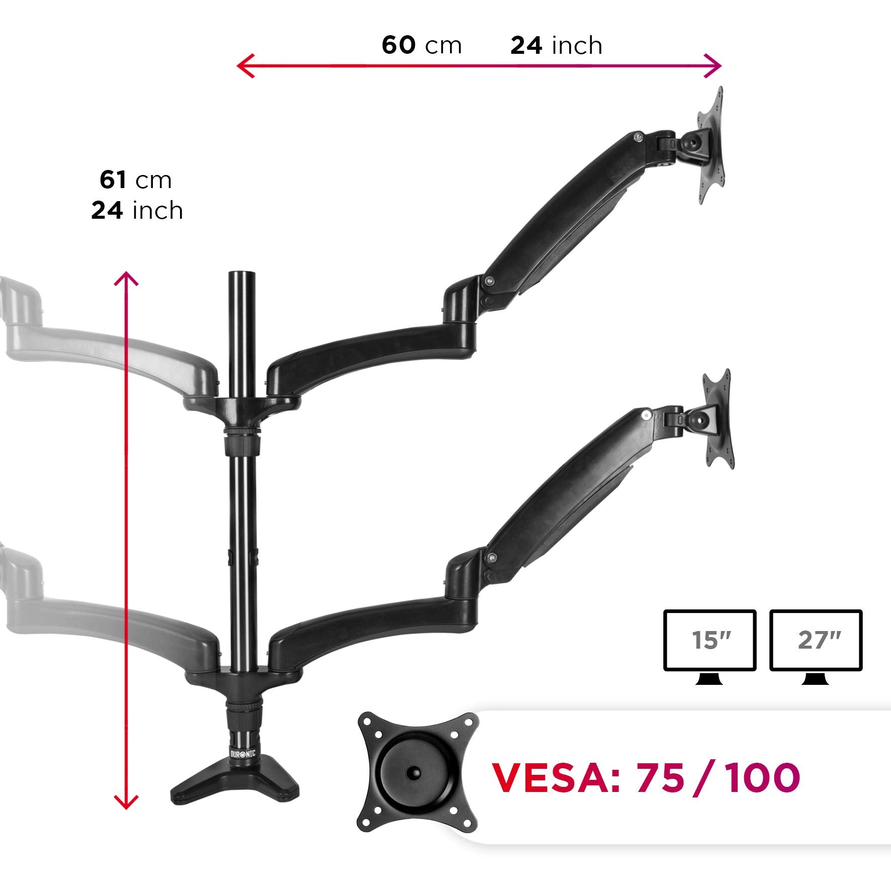 Zoomgoods Quad Monitor Arm Stand DM554 | Quadruple Spring PC Desk Mount | BLACK | Adjustable | For Four 15-27 LED LCD Screens | VESA 75/100 | Tilt -90°/+85°, Swivel 180°, Rotate 360°