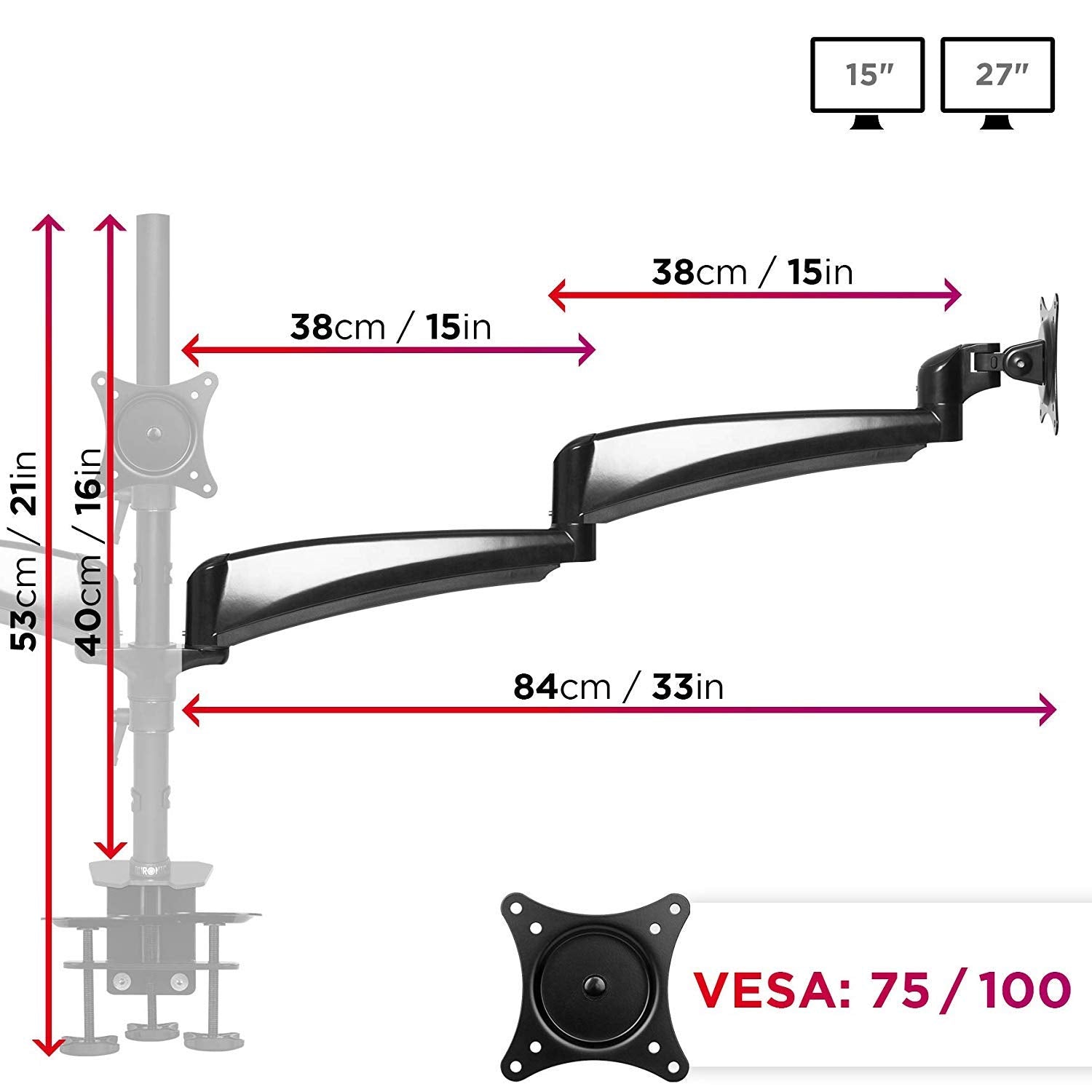 Zoomgoods Monitor Arm Stand DM453 Triple PC Desk Mount Solid Steel Height Adjustable For Three 15-27 LED LCD Screens VESA 75/100 - 10kg Per Screen  Tilt -90°/-45°, Rotate 360°
