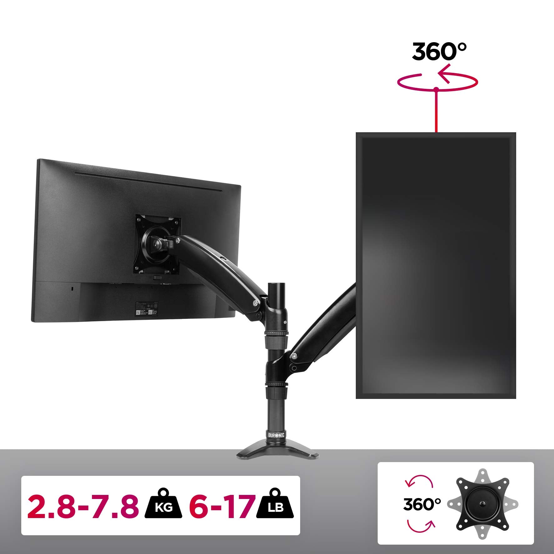 Zoomgoods Monitor Arm Stand DM551X2 | Single PC Desk Mount | BLACK | Aluminium | Height Adjustable | For One 15-27 LED LCD Screen | VESA 75/100 | 7.8kg Capacity | Tilt -90°/+85°,Swivel 180°,Rotate 360°
