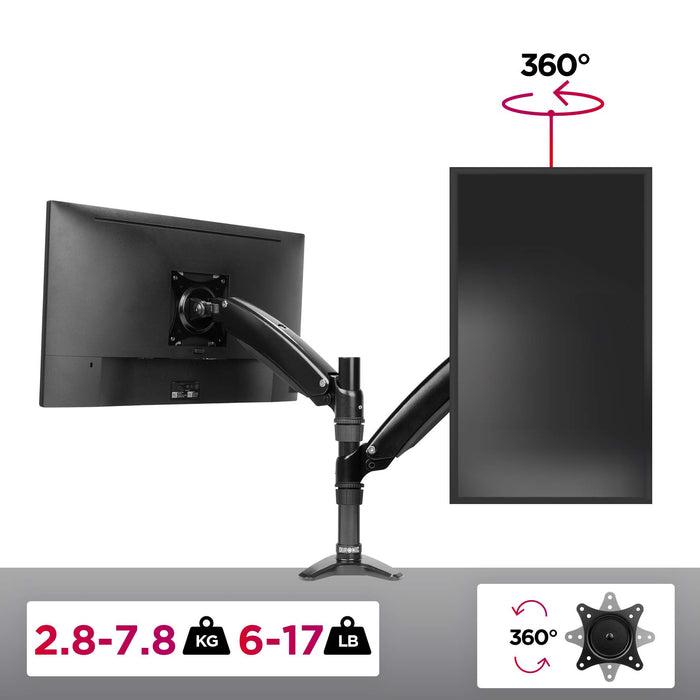 Zoomgoods Monitor Arm Stand DM551X1 | Single PC Desk Mount | BLACK | Aluminium | Height Adjustable | For One 15-27 LED LCD Screen | VESA 75/100 | 7.8kg Capacity | Tilt -90°/+85°,Swivel 180°,Rotate 360°