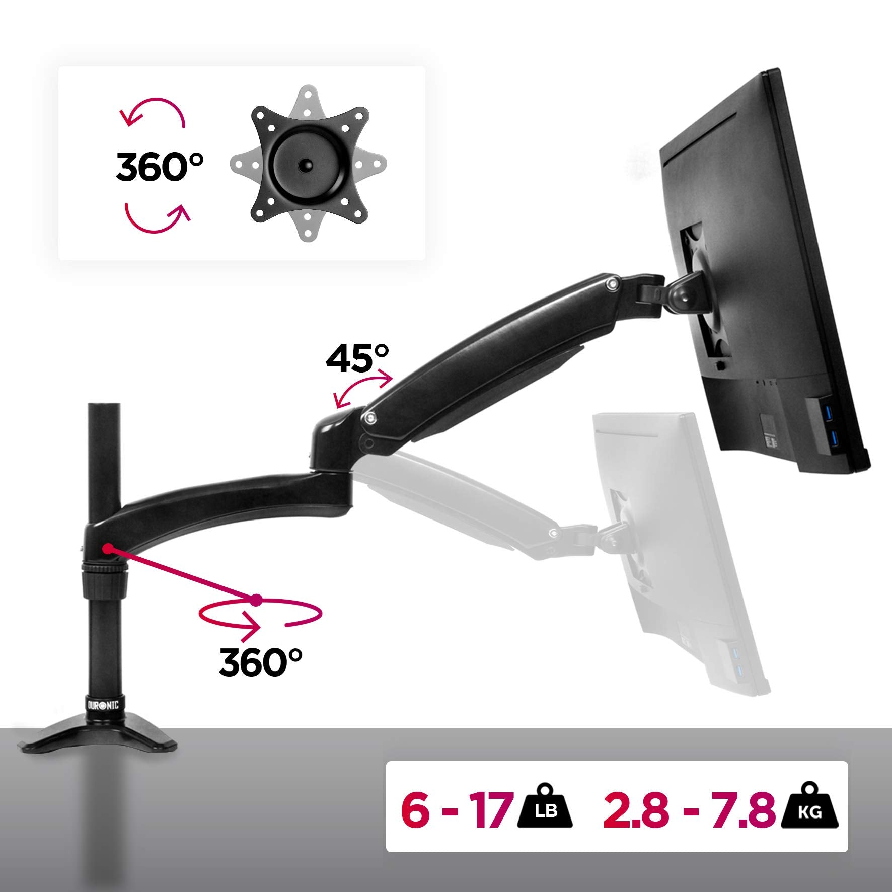 Zoomgoods Monitor Arm Stand DM551X2 | Single PC Desk Mount | BLACK | Aluminium | Height Adjustable | For One 15-27 LED LCD Screen | VESA 75/100 | 7.8kg Capacity | Tilt -90°/+85°,Swivel 180°,Rotate 360°