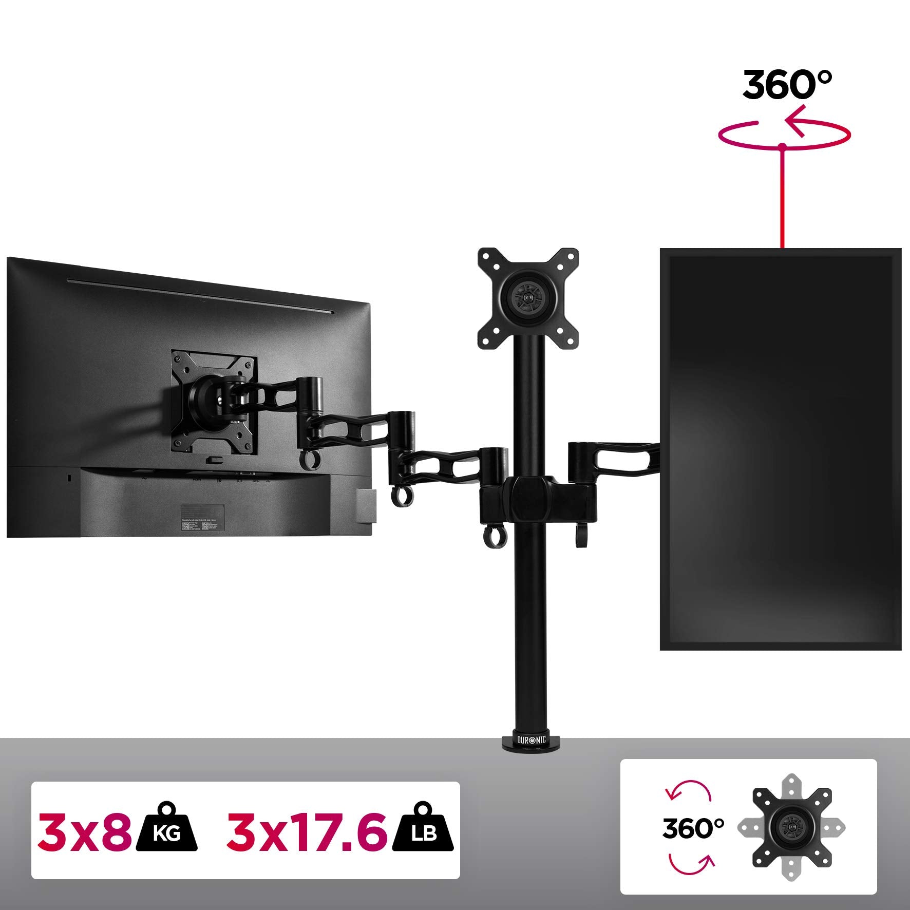Zoomgoods Triple Monitor Arm Stand DM353, Triple Monitor Stand Adjustable PC Desk Mount for 13-22” Screens 3 Monitor Mount with VESA 75 100 and 8kg Capacity for Home Office Work