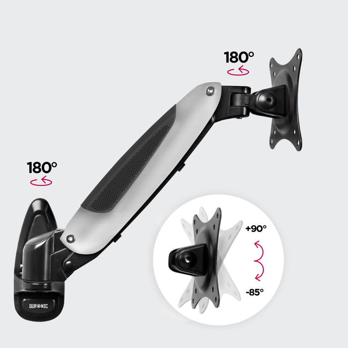 Zoomgoods Monitor Arm Wall Mount DM65W1X1 | Bracket for Single PC Computer Screen | Aluminium | For One 15”-27” LED LCD TV Television | VESA 75/100 Fixing | Tilt +85°/-90°, Swivel 180°, Rotate 360°