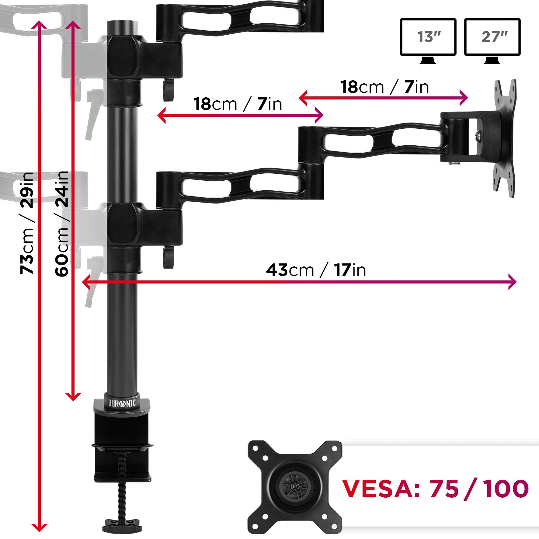 Zoomgoods Quad Monitor Arm Stand DM354, Four Screen Monitor Stand Adjustable PC Desk Mount for 13-22” Screens Monitor Mounts with VESA 75 100 and 8kg Capacity for Home Office Work