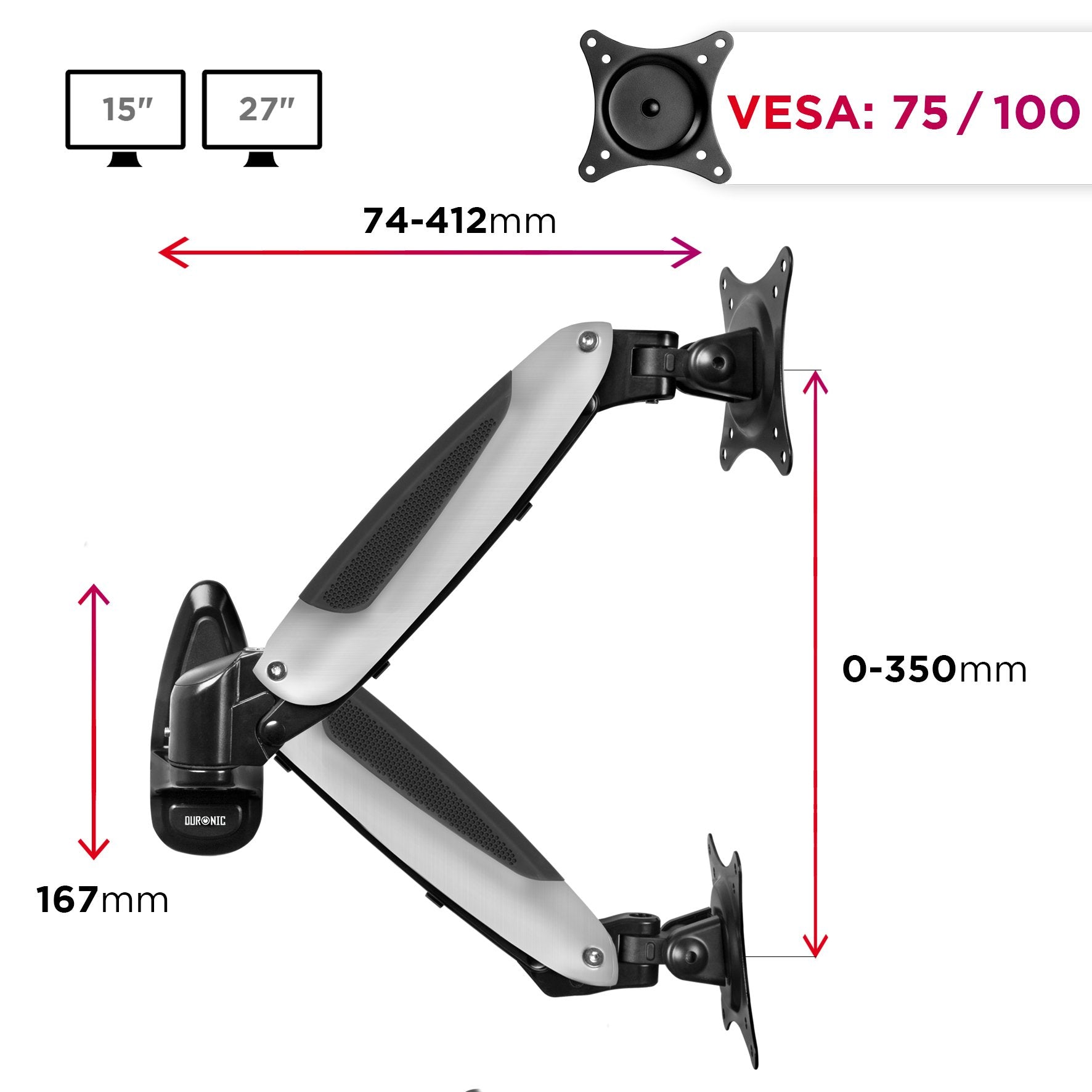 Zoomgoods Monitor Arm Wall Mount DM65W1X1 | Bracket for Single PC Computer Screen | Aluminium | For One 15”-27” LED LCD TV Television | VESA 75/100 Fixing | Tilt +85°/-90°, Swivel 180°, Rotate 360°