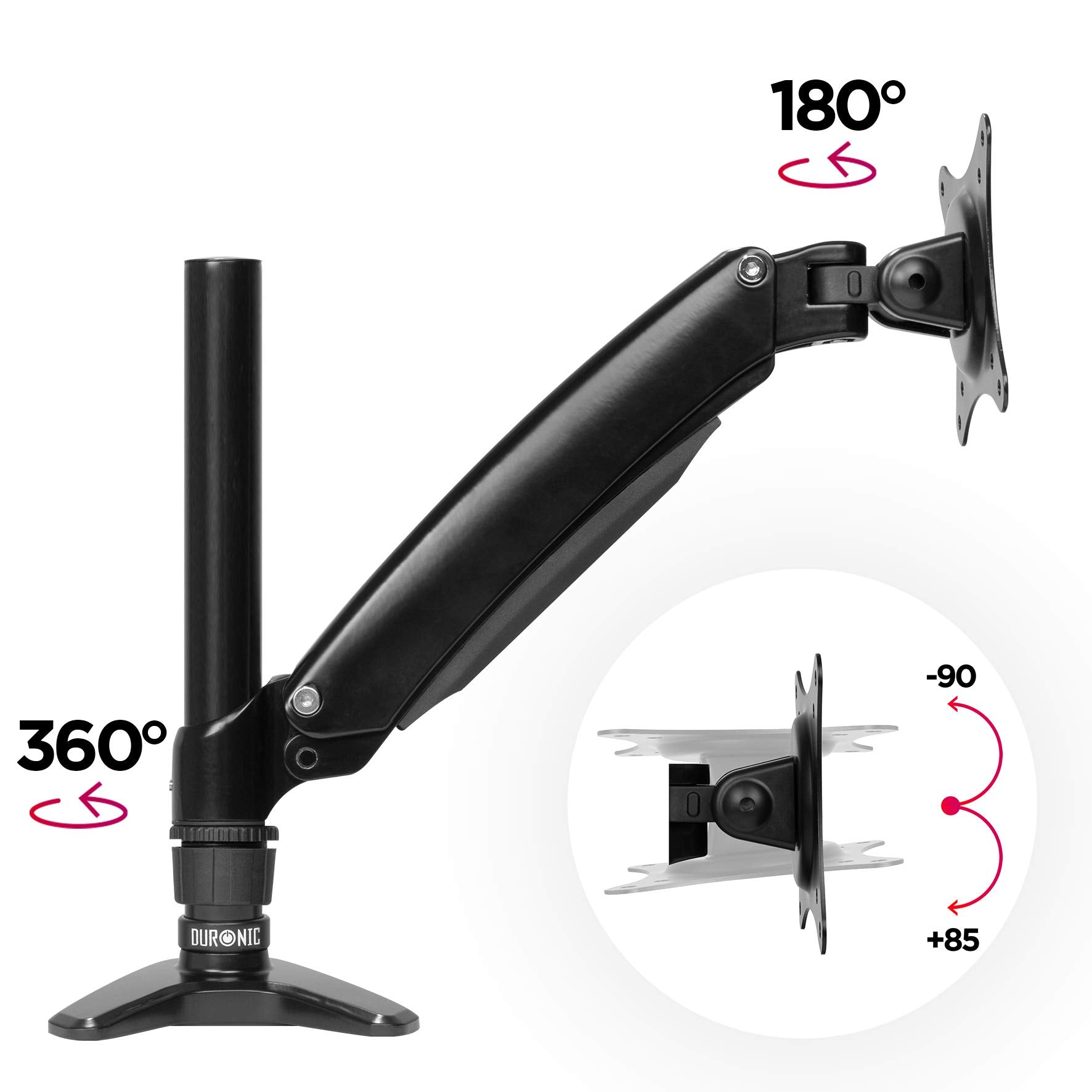 Zoomgoods Monitor Arm Stand DM551X1 | Single PC Desk Mount | BLACK | Aluminium | Height Adjustable | For One 15-27 LED LCD Screen | VESA 75/100 | 7.8kg Capacity | Tilt -90°/+85°,Swivel 180°,Rotate 360°