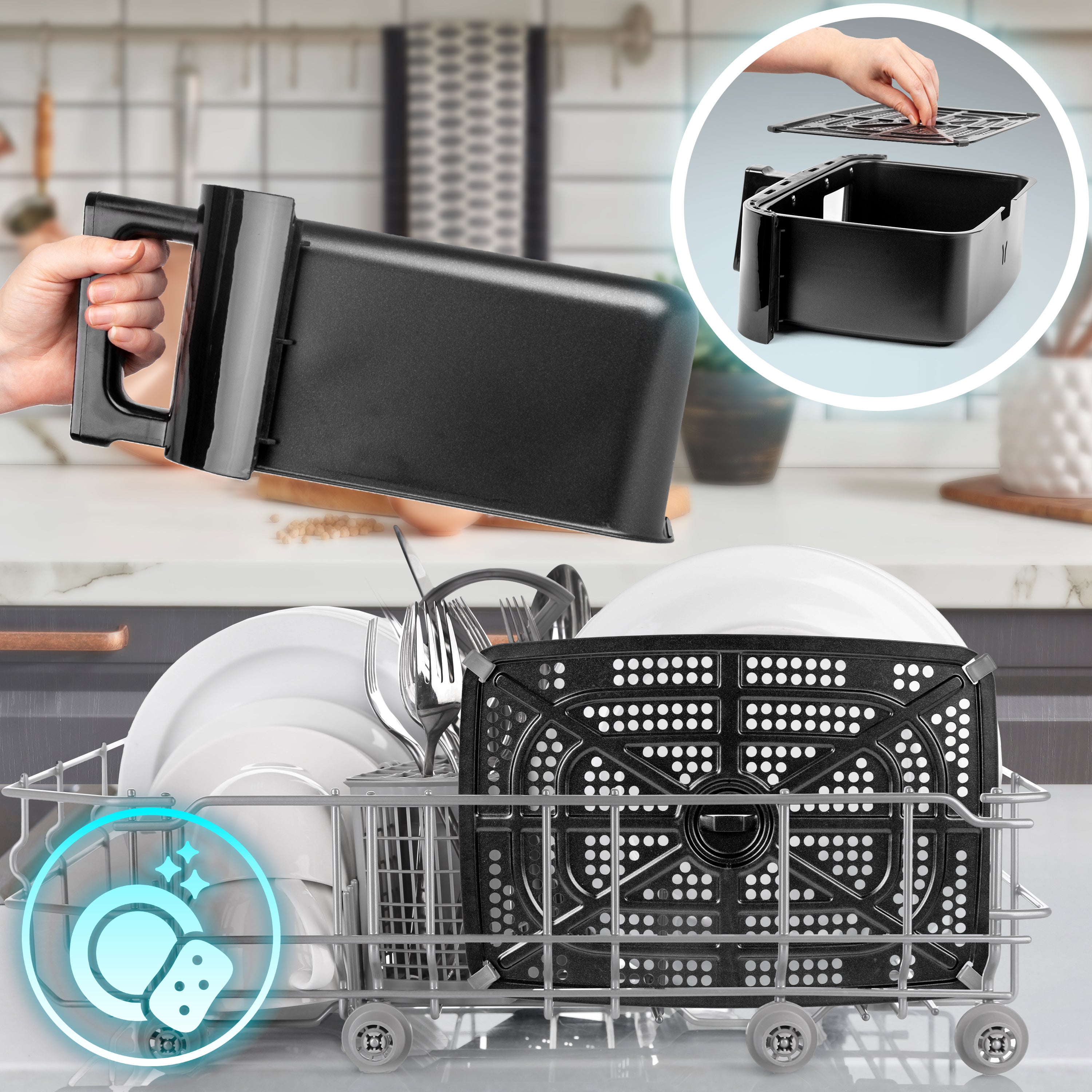 Zoomgoods XXL Digital Air Fryer AF14 BG 10L Family Size Air Fryers Double Drawer 10in1 Dual Zone Extra Large AirFryer with window for Family Cooking with Dishwasher Safe Non-Stick Basket Black & Gold