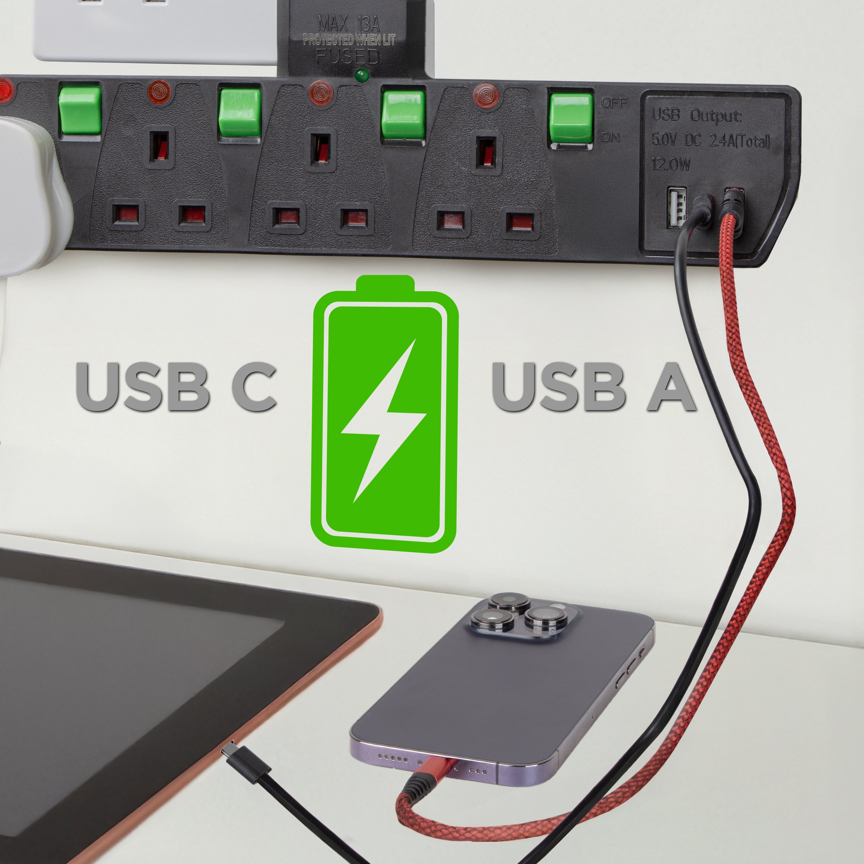 Zoomgoods Plug Adapter with USB S125B 4 Way Multi Plug Adapter for UK Plugs Surge Protected 3kW Power Extension Adapter with 2.4A USB Ports & 1 USB-c Port Black Multi Socket with Switches