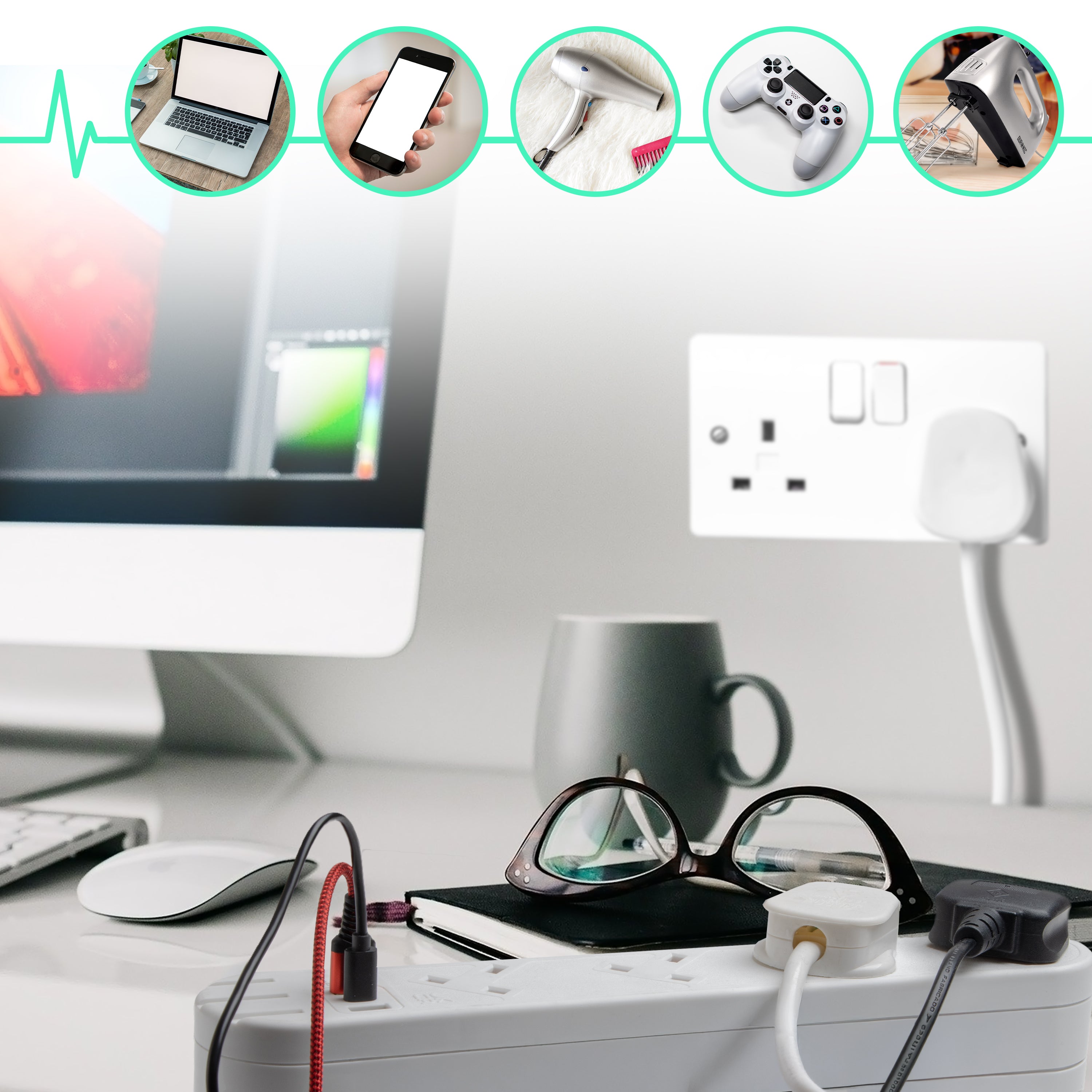 Zoomgoods Surge Protected Extension Lead ST8W Tower Extension Leads with USB Multiplug Adapter Cord for UK Plugs 8 Way with 2x USB Slots and 1x USB-C Slot Long White Power Cords Multi Outlet Socket