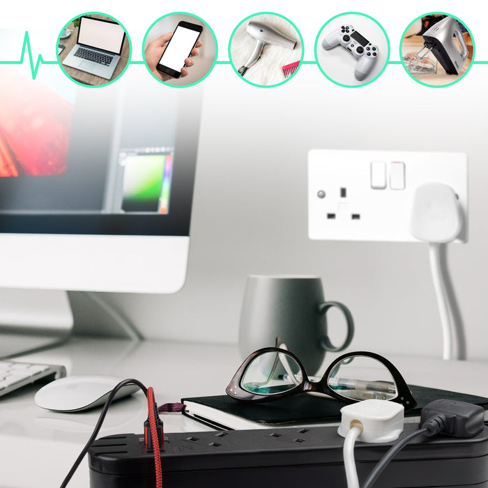 Zoomgoods Surge Protected Extension Lead ST8B Tower Extension Leads with USB Multiplug Adapter Cord for UK Plugs 8 Way with 2x USB Slots and 1x USB-C Slot Long Black Power Cords Multi Outlet Socket