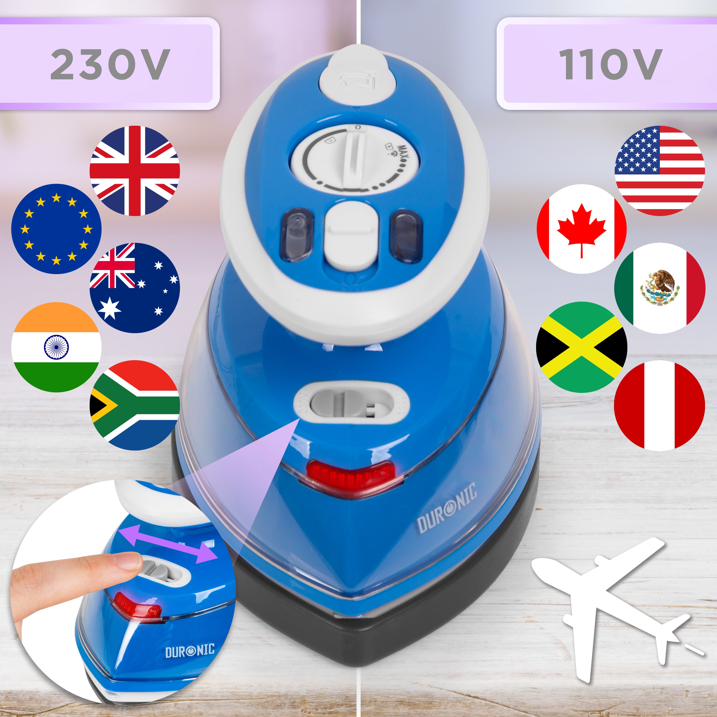 Zoomgoods Travel Iron SI3 BE 400W Mini Irons with Dual Voltage, Variable Temperature & Auto Shut Off Portable 35ml Blue Steam Iron for Holiday Quilting Crafts Compact Design for Travelling