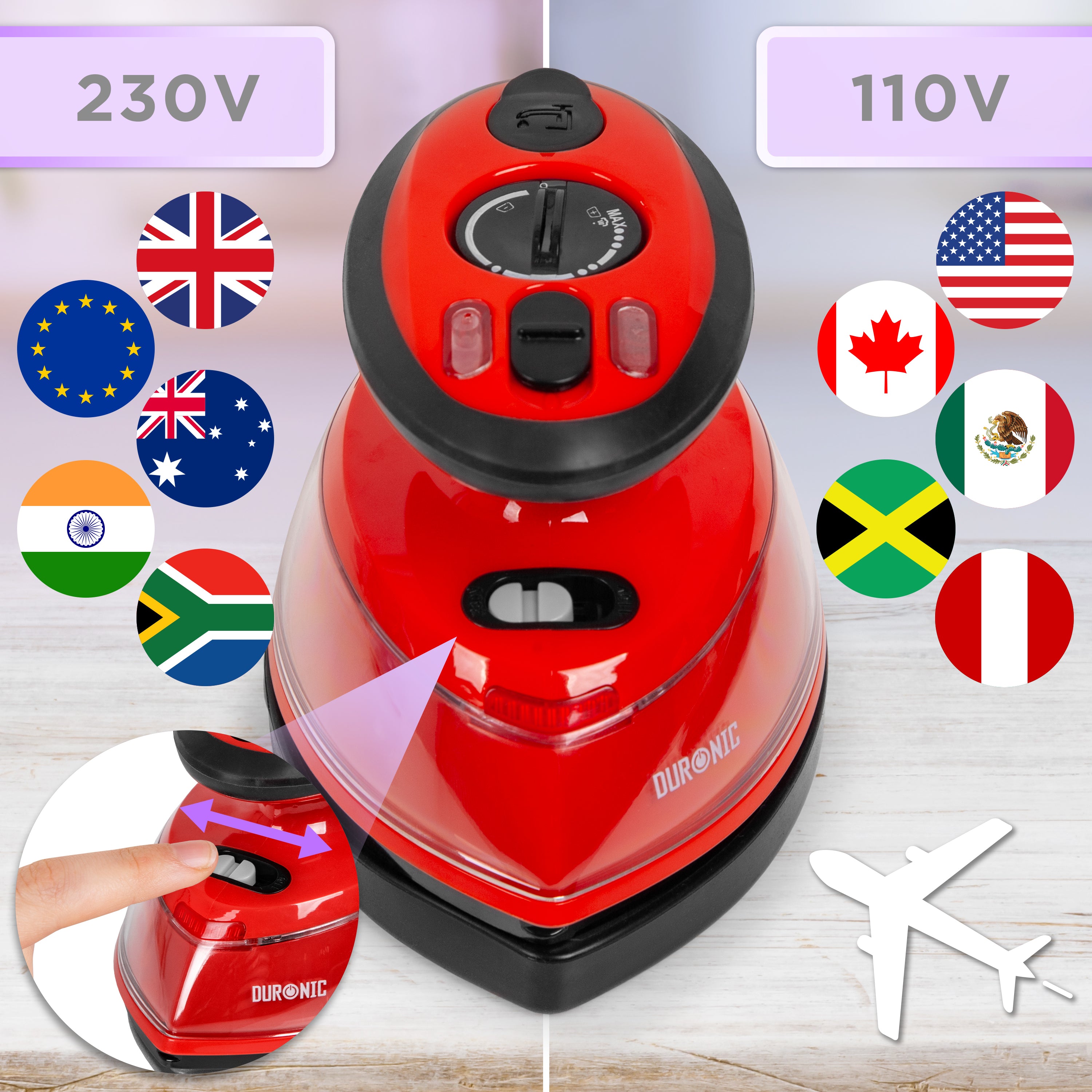 Zoomgoods Travel Iron SI3 RD 400W Mini Irons with Dual Voltage, Variable Temperature & Auto Shut Off Portable 35ml Red Steam Iron for Holiday Quilting Crafts Compact Design for Travelling