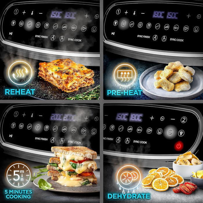 Zoomgoods XXL Digital Air Fryer AF14 WG 10L Family Size Air Fryers Double Drawer 10in1 Dual Zone Extra Large AirFryer with window for Cooking with Dishwasher Safe Non-Stick Basket White Gold