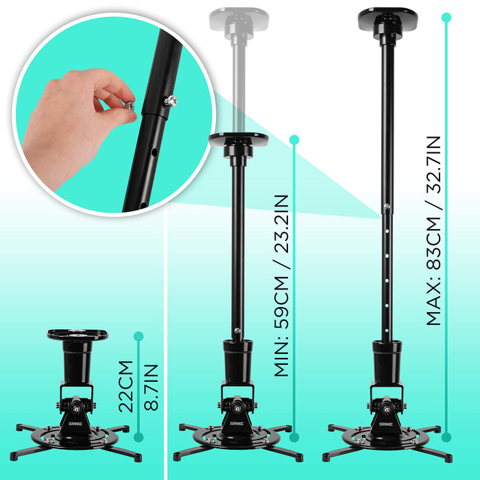 Zoomgoods Projector Mount Stand for Ceiling or Wall Bracket PB02XL | 10kg Capacity | Extendable Universal Adjustable Clamp | Tile Swivel Rotate | Black