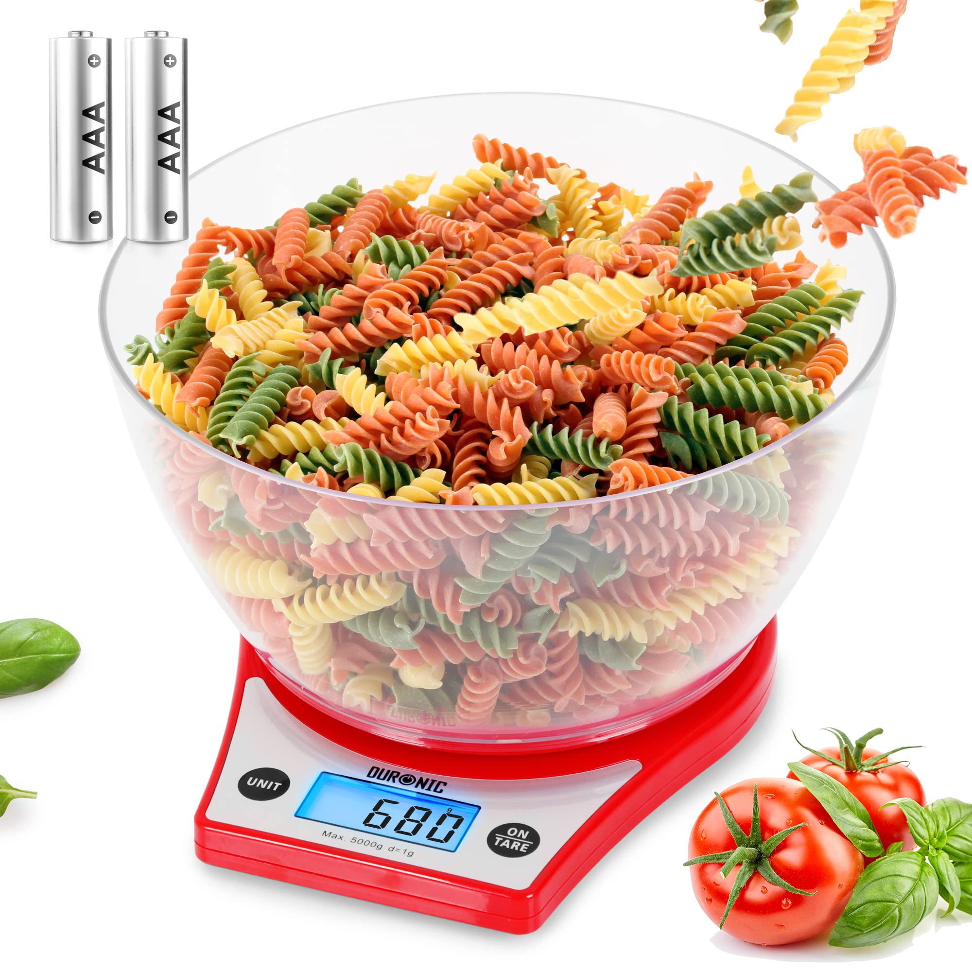 Zoomgoods Digital Kitchen Scale KS6000 RD Kitchen Scales with Bowl, Weighing Scale, Baking Scale for Cooking Baking Pet Food Postal, Food Scale Weight Scale, Electronic Scale with Backlit LCD Display
