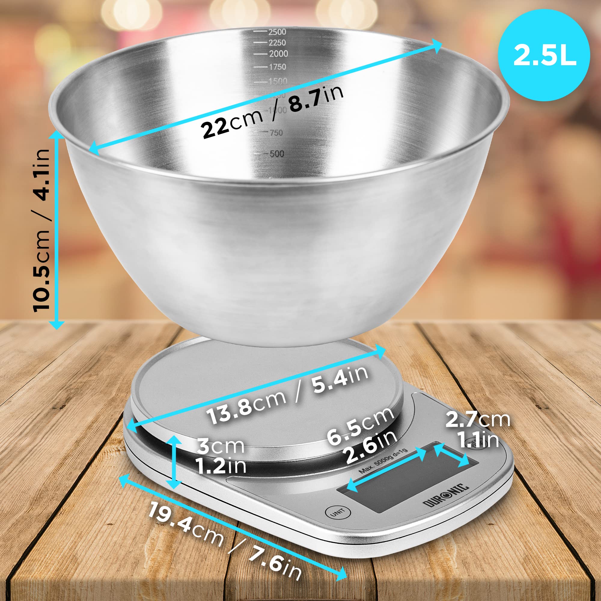 Zoomgoods Digital Kitchen Scale KS5000 SR/SS Kitchen Scales with Bowl, Weighing Scale, Baking Scale for Cooking Baking Pet Food Postal, Food Scale Weight Scale, Electronic Scale with Backlit LCD Display