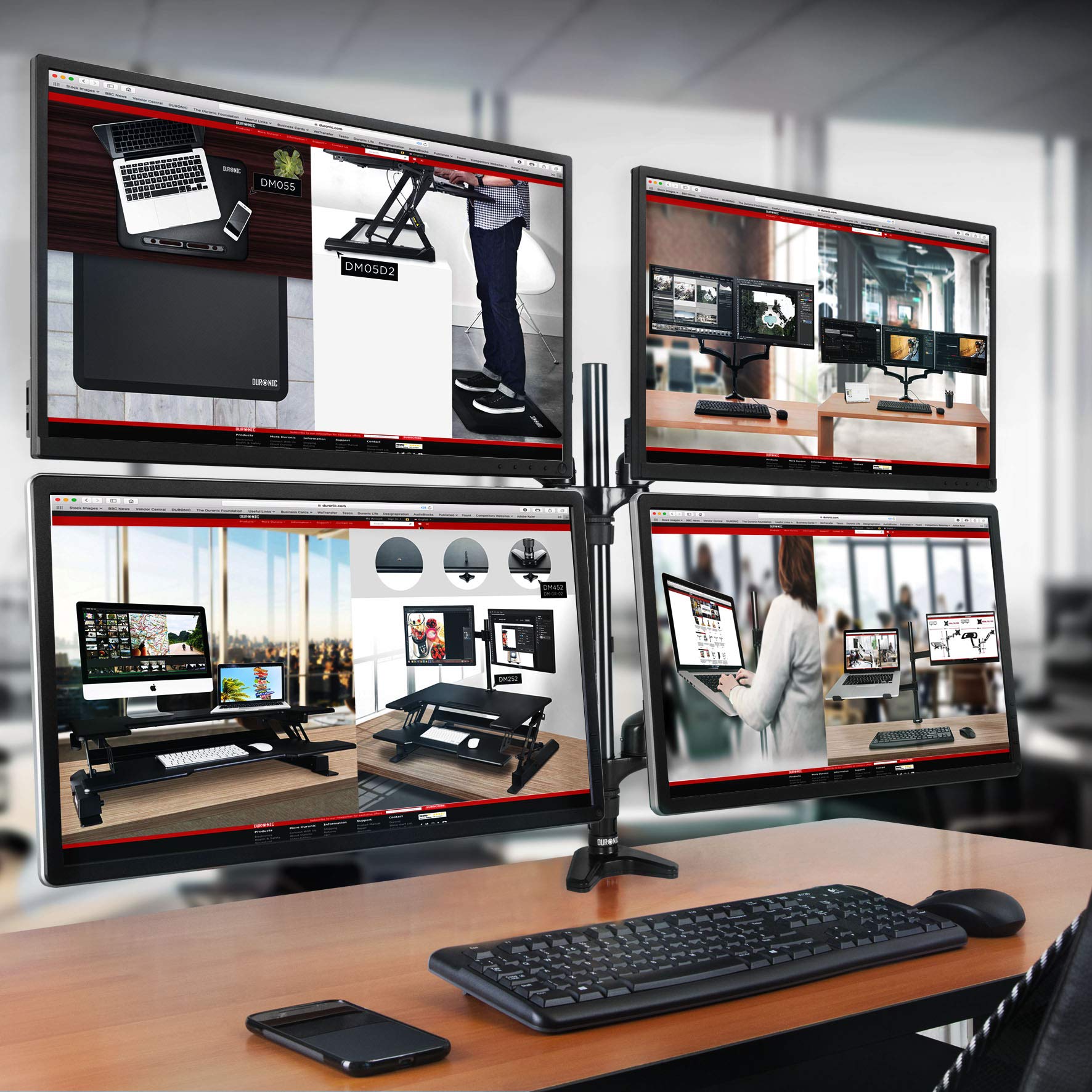 Zoomgoods Quad Monitor Arm Stand DM554 | Quadruple Spring PC Desk Mount | BLACK | Adjustable | For Four 15-27 LED LCD Screens | VESA 75/100 | Tilt -90°/+85°, Swivel 180°, Rotate 360°