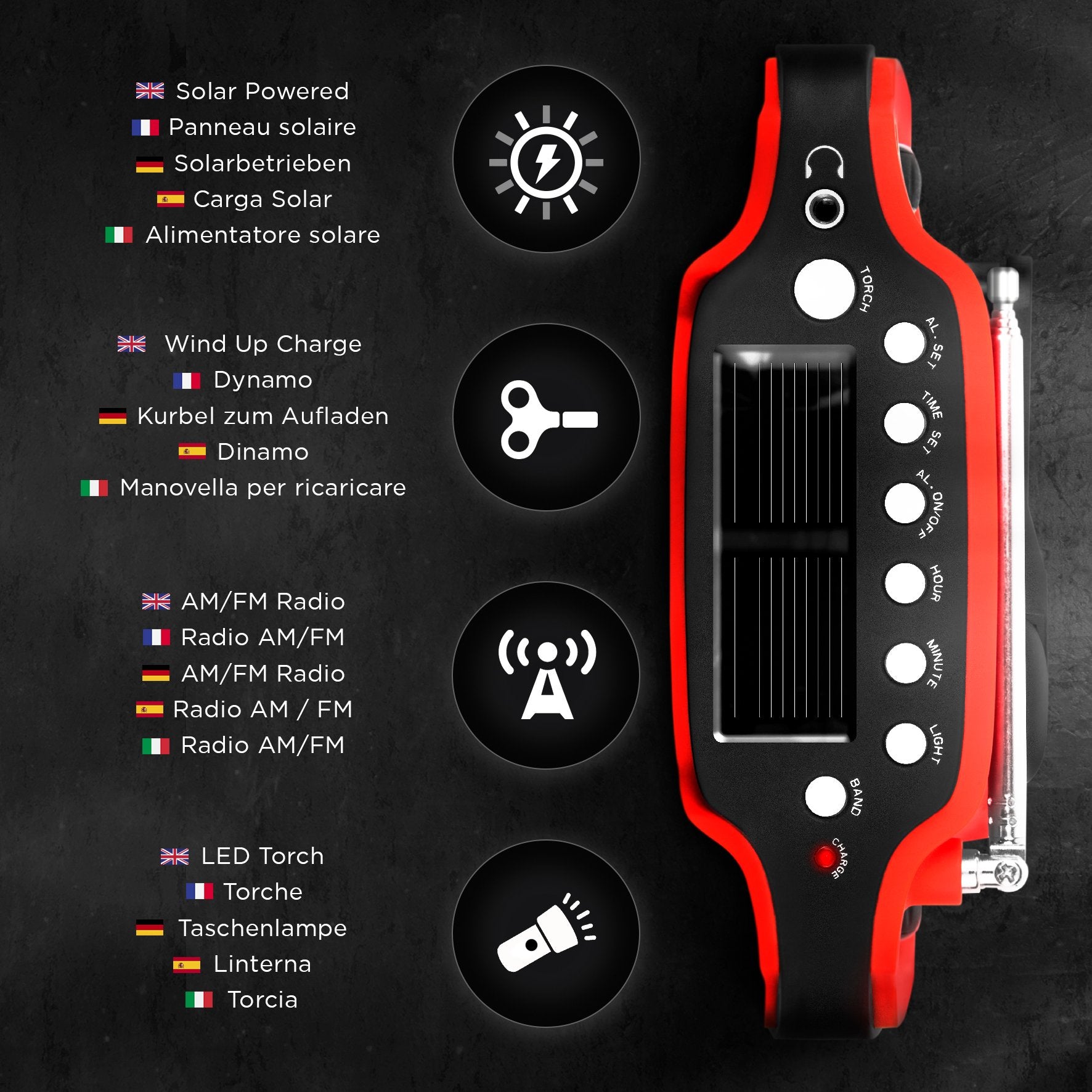Zoomgoods Wind Up Solar Powered Flashlight Radio Apex, Rechargeable Portable AM FM Radio with Torch, Three Charging Methods, Battery Free, Solar Panels, Adjustable Antenna for Camping and Hiking
