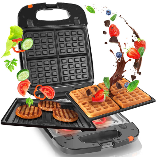 Zoomgoods 2-in-1 Grill Machine GWM60, Panini Hotplates and Waffle Irons, INTERCHANGEABLE PLATES, 1200W, Non-Stick, Automatic Temperature Control, Comes with 2x Grill and 2x Waffle Plates