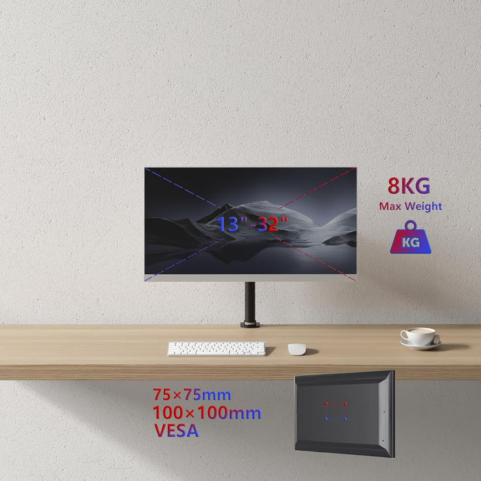 Zoomgoods Single Monitor Arm DM151X1 Height Adjustable Monitor Stand Riser Clamp for 13”-32” PC screens Monitor Desk Mounts with VESA 75/100 Monitor Mount with 8kg capacity Monitor Stand for Desk Gaming