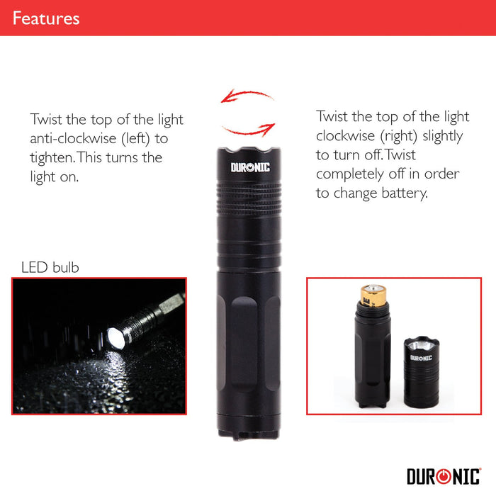 A Zoomgoods LED flashlight feature diagram showing how to twist the top anti-clockwise to turn it on, clockwise to turn it off, and how to access the battery compartment.