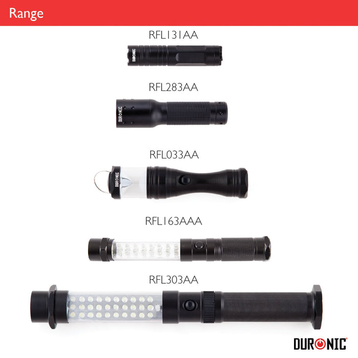 A range of five black Zoomgoods LED flashlights and work lights of various sizes and designs, labeled with model numbers RFL131AA through RFL303AA