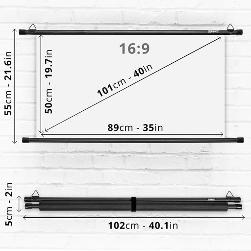 Zoomgoods Bar Projector Screen BPS40 / 169 Wall Mountable 40” Projection Screens for Home Office School Matte White Movie Screen with 16:9 Aspect Ratio for Movie Nights Home Cinemas Office Presentations