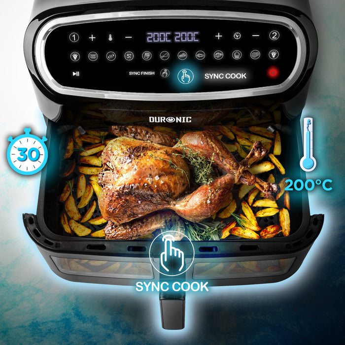 Zoomgoods AF14 BK large air fryer drawer sync cooking roast chicken and potato wedges for 30 minutes at 200 degrees celsius