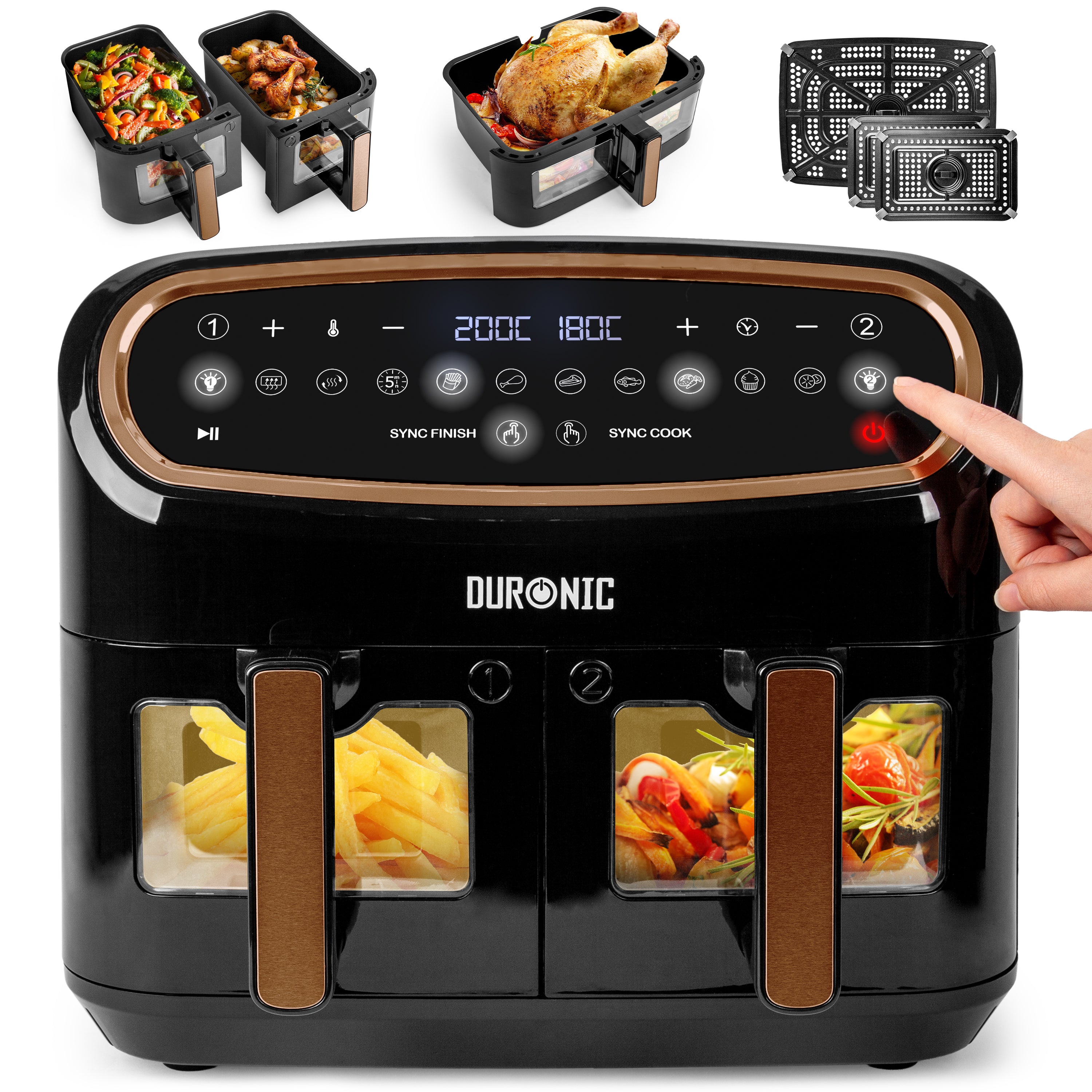 Zoomgoods AF34 BG black dual basket air fryer with fries and vegetables cooking