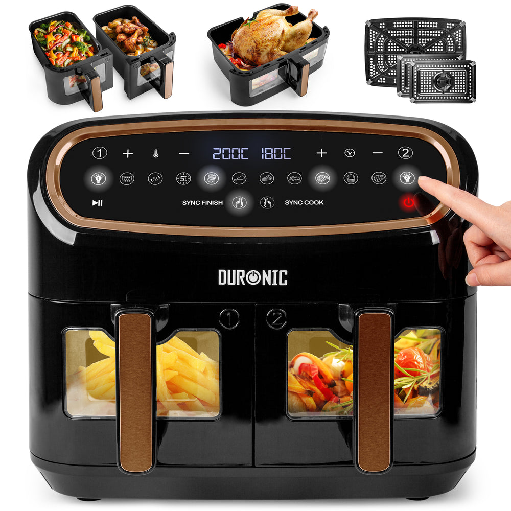 Zoomgoods AF34 BG black dual basket air fryer with fries and vegetables cooking