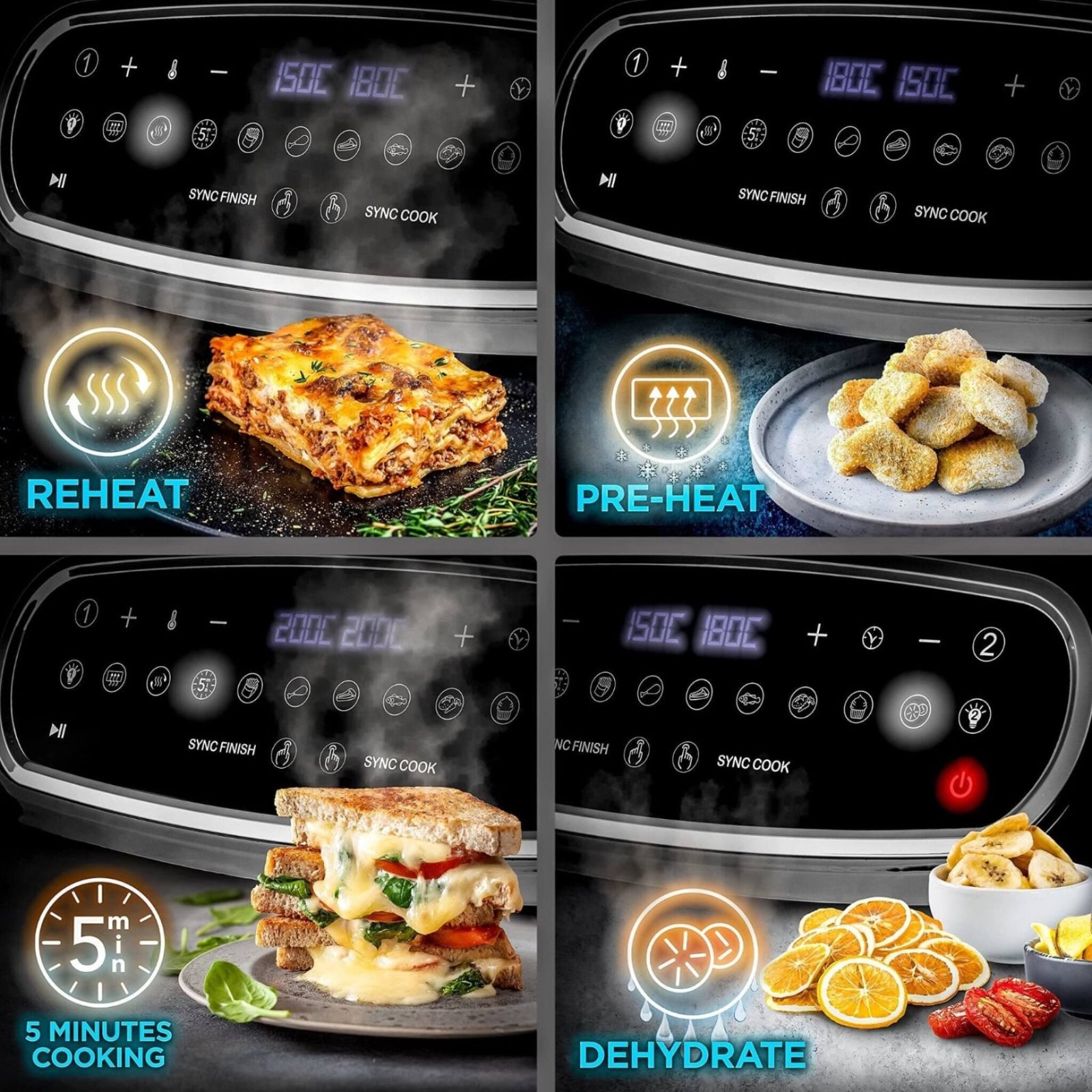 Zoomgoods AF34 BK digital air fryer with reheat, preheat, quick cook, and dehydrate functions for lasagne, chicken nuggets, grilled sandwich, dried fruit