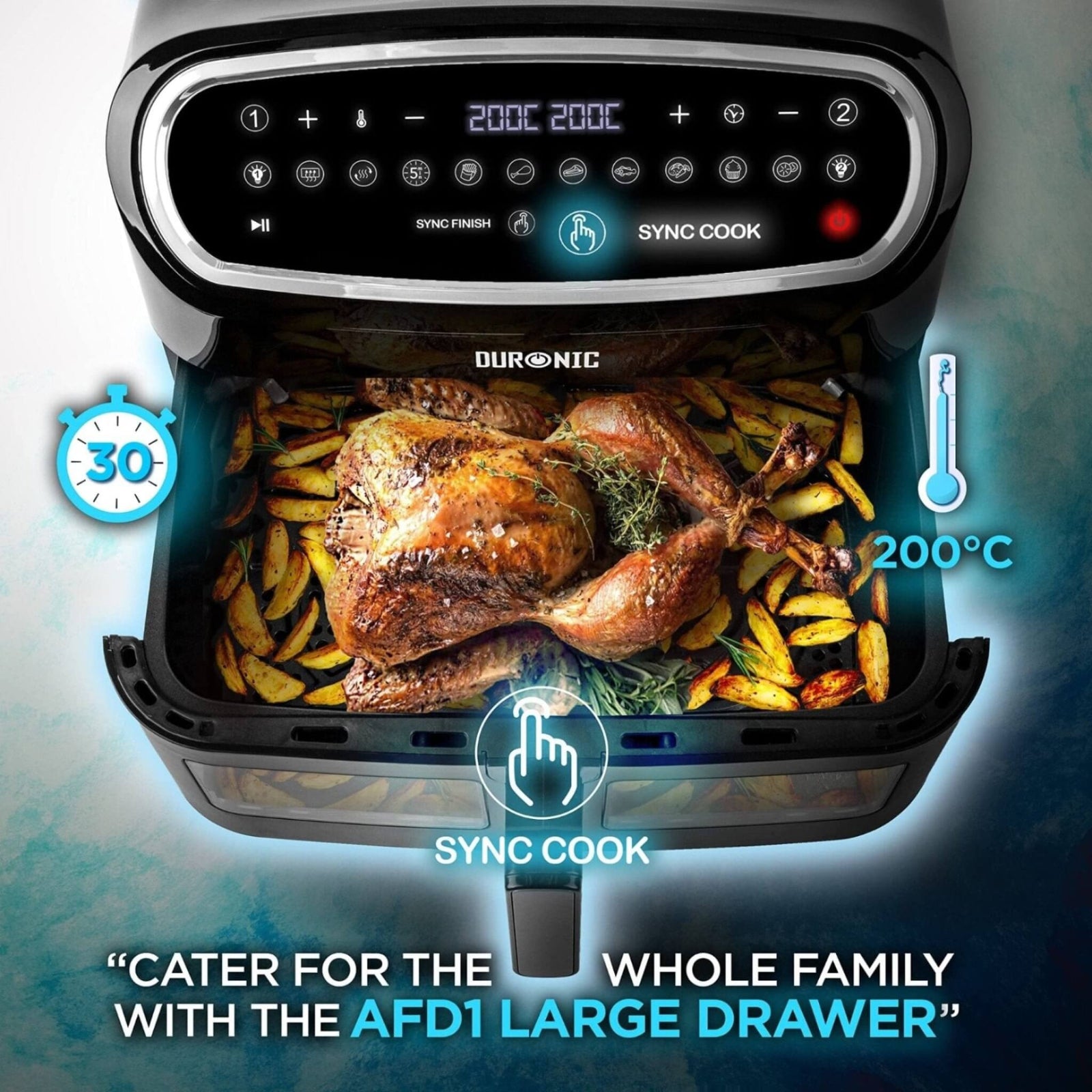 Zoomgoods AF34 BK large drawer air fryer sync cooking roast chicken and potato wedges