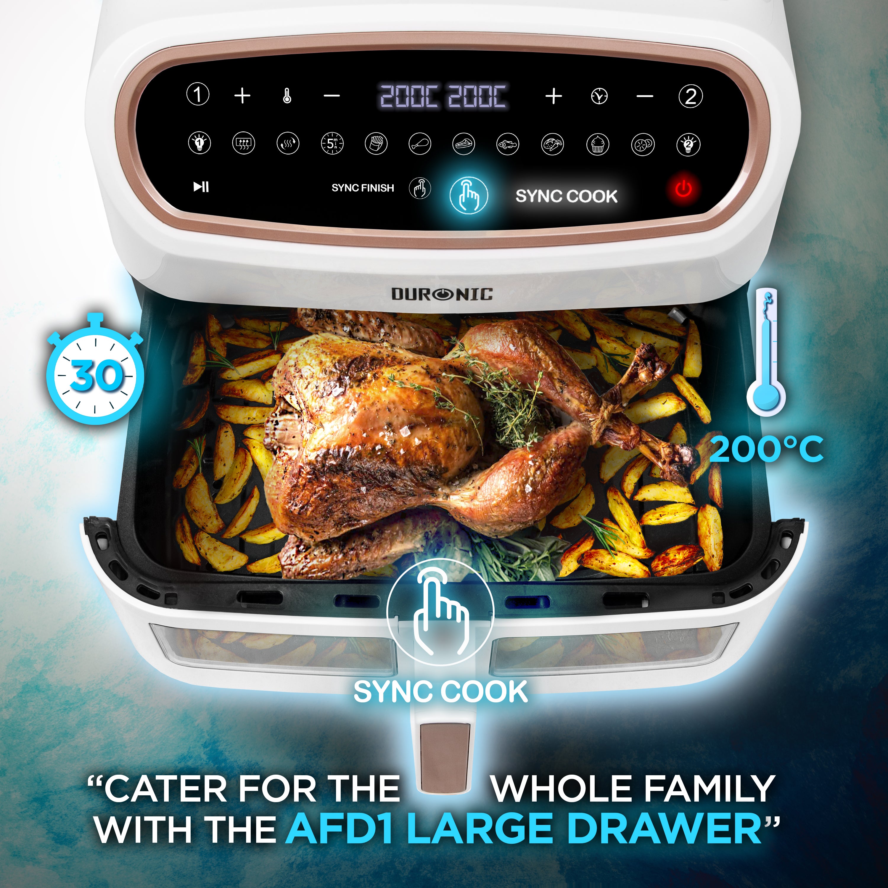 Zoomgoods AF34 WE digital air fryer with crispy golden wedges roast chicken in large basket Sync Cook