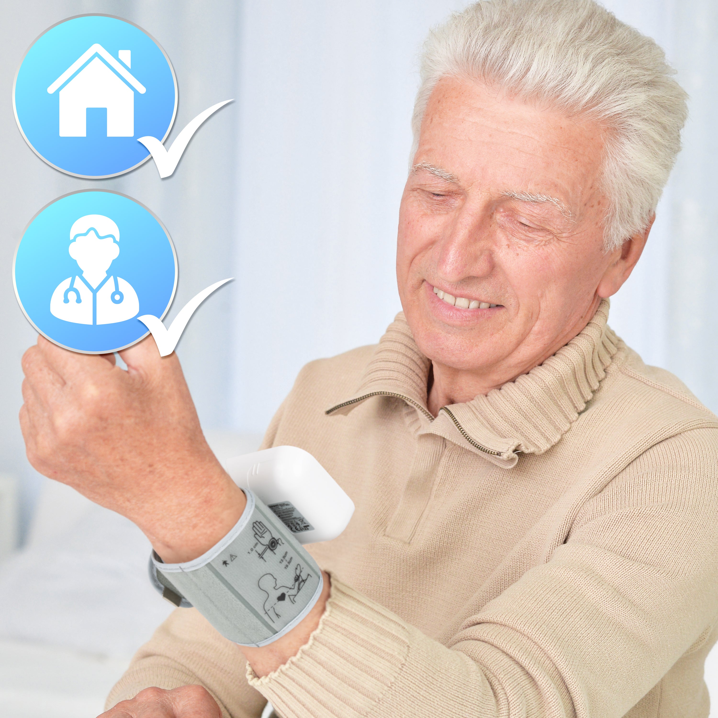 Zoomgoods BPM65 wrist blood pressure monitor medically certified device being used at home by elderly
