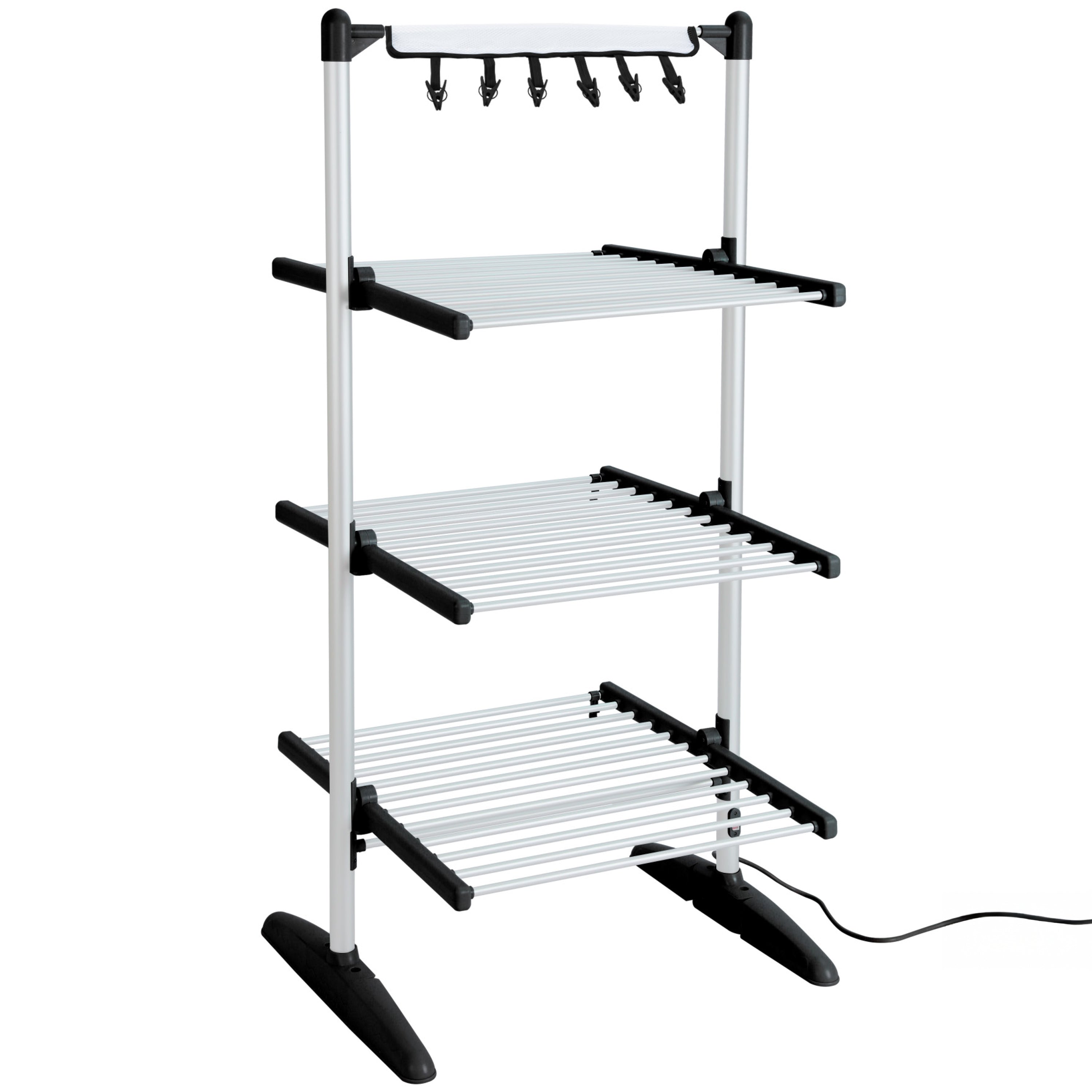 Zoomgoods CA30 BK Electric Clothes Airer drying rack featuring a silver aluminum frame, foldable drying shelves, and a top hanging rail with clips for smaller items.